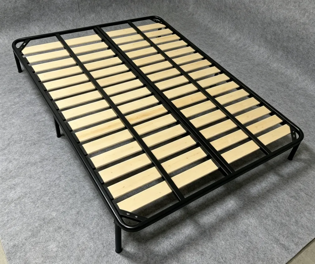 Estructura de cama tapizada comercial de alta resistencia con soporte de listones de madera cálida, estructura de cama con listones en posición dual y marco de metal negro