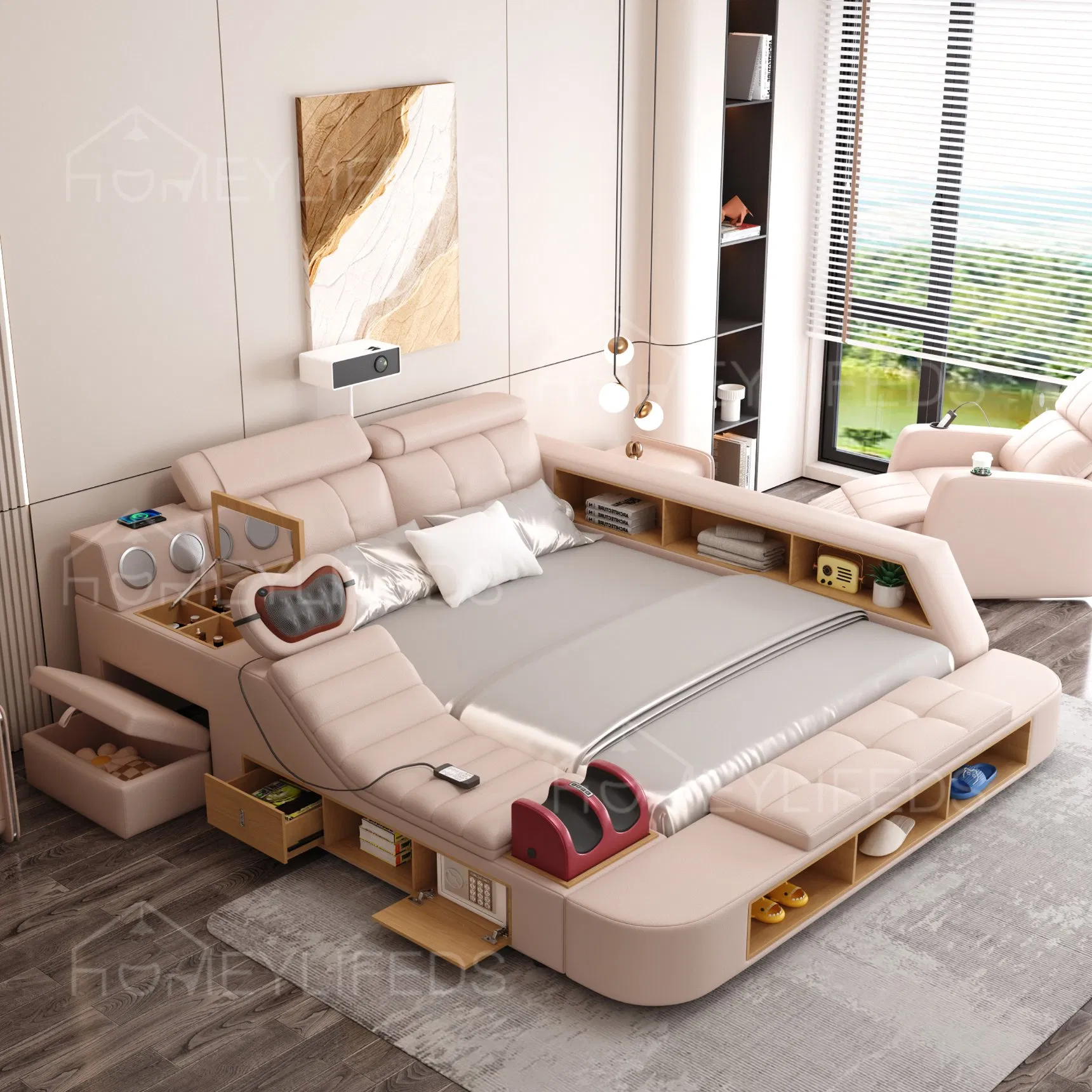 Muebles de dormitorio inteligentes Cama de cuero multifuncional Cama moderna tamaño king y tamaño queen con función de masaje y altavoz