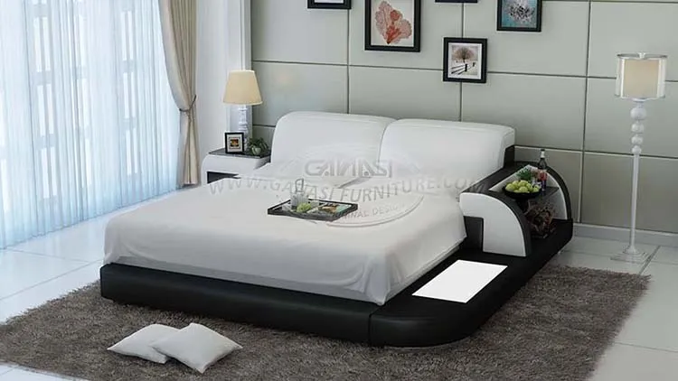 Mueble de dormitorio italiano, marco de cama de reina de cuero genuino con mesas de noche