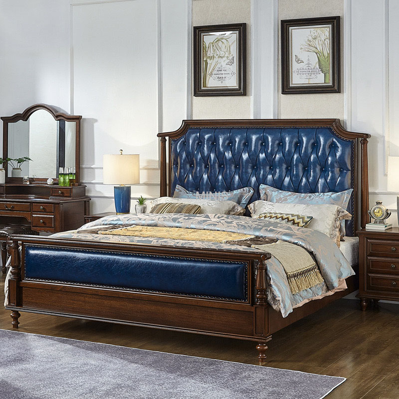 Cama de tamaño rey o reina de madera marrón vintage cómoda con cuero puro azul para adultos