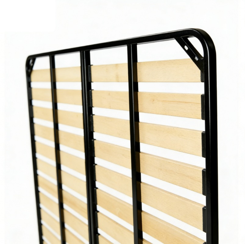 Estructura de cama tapizada comercial de alta resistencia con soporte de listones de madera cálida, estructura de cama con listones en posición dual y marco de metal negro