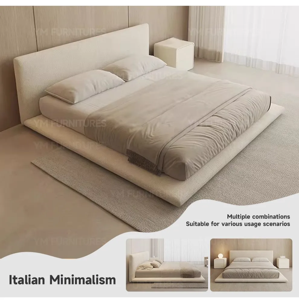 Mueble moderno para dormitorio en casa, cama doble con marco de madera minimalista y colchón suave