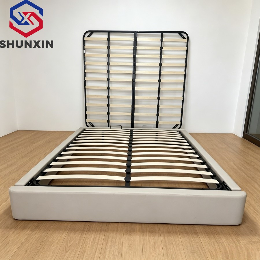 Cama doble de tamaño king con marco de gas elevador tapizado en cuero completo y almacenamiento