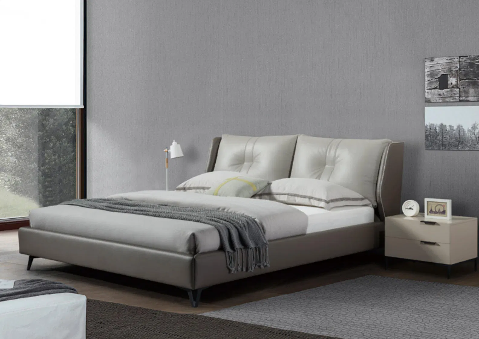 Cama King de Madera Sólida Elegante con Tapicería de Cuero Premium