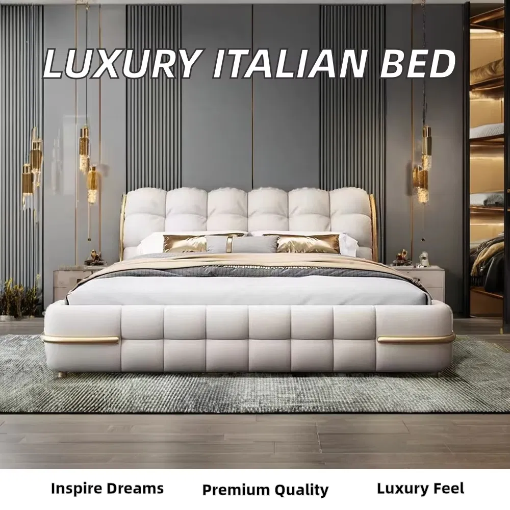 Cama doble king de madera maciza de estilo italiano moderno con cuero, camas de lujo de alta gama