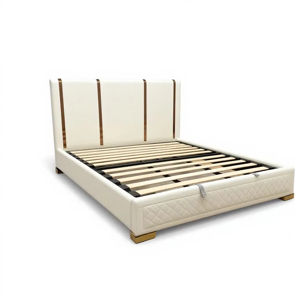 Muebles de dormitorio de madera maciza de lujo moderno, cama de cuero genuino con características de almacenamiento