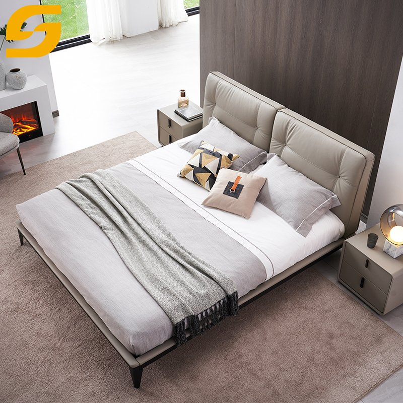 Conjuntos de muebles de dormitorio de estilo moderno y simple, cama king y queen de cuero blanco