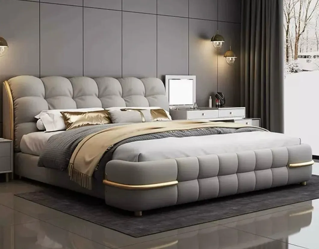 Cama doble king de madera maciza de estilo italiano moderno con cuero, camas de lujo de alta gama