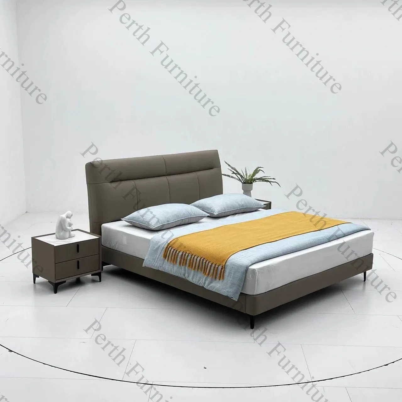 Cama contemporánea suave con patas de metal, marco de madera maciza, cuero genuino y tela para muebles del hogar, dormitorio de moda Mxt-888 cama