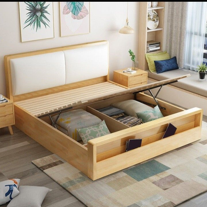 Cama doble de madera con almacenamiento en la parte superior del hogar dormitorio