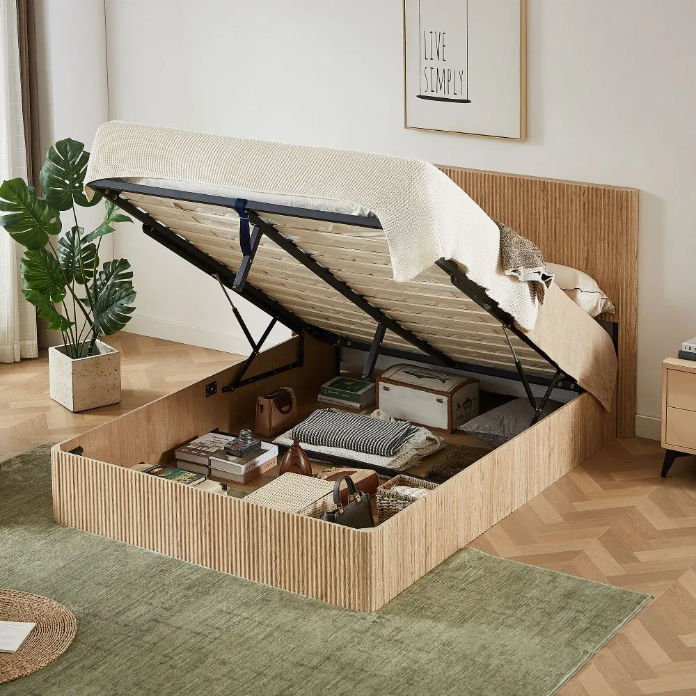 Cama doble de madera con almacenamiento en la parte superior del hogar dormitorio