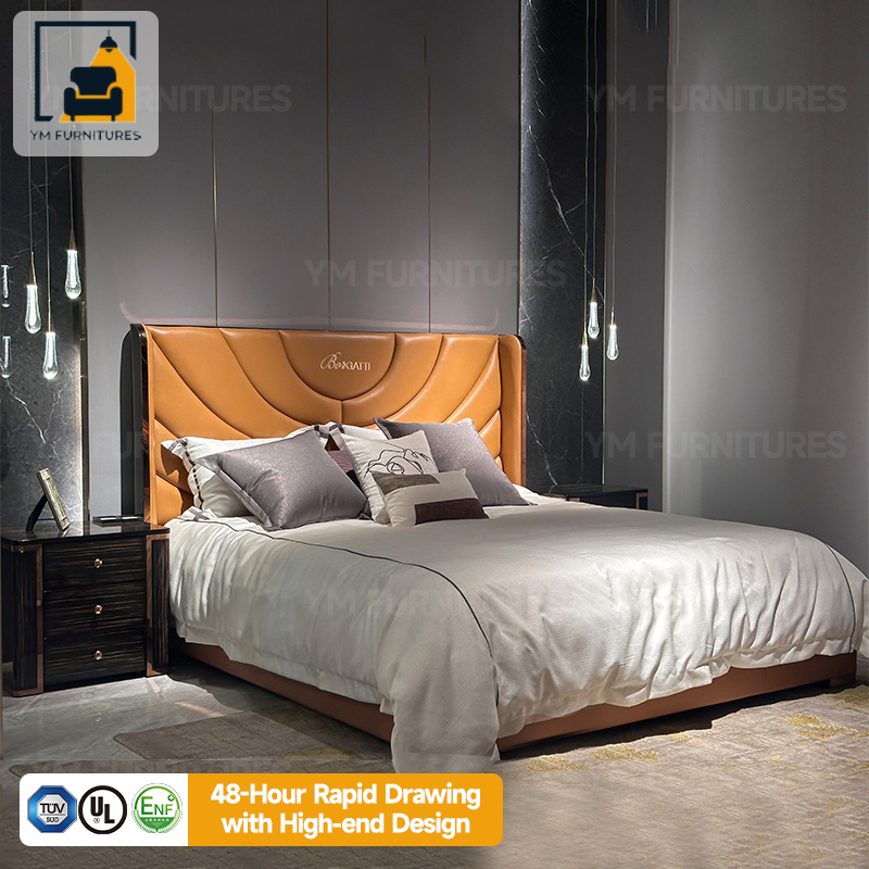 Conjunto de muebles modernos de alta gama para dormitorio principal, cama de lujo cómoda con respaldo y almacenamiento para adultos, ideal para villas y residencias