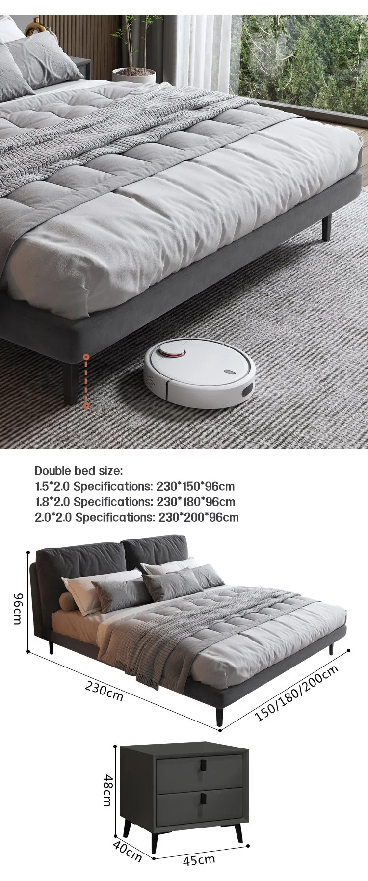 Cama doble moderna simple, dormitorio principal, cama grande, lujo ligero francés italiano 1.8-Meter apartamento pequeño, cama de boda de madera maciza y tela