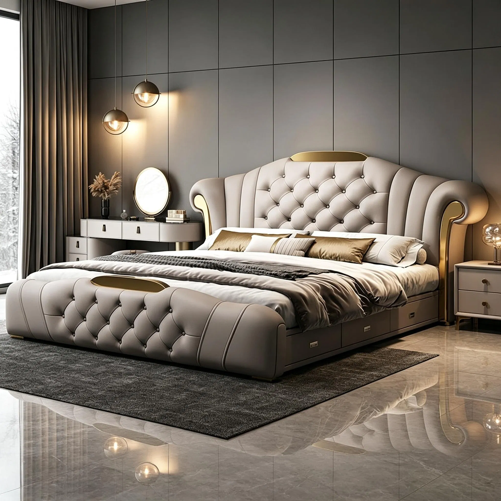 Conjuntos de camas dobles de lujo de cuero y mármol con gran cabecera, solución integral para suite de dormitorio italiano para villa