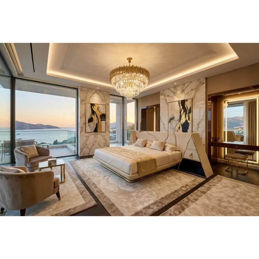 Cama de lujo moderna de cuero con acentos de metal tamaño rey y reina para muebles de villa