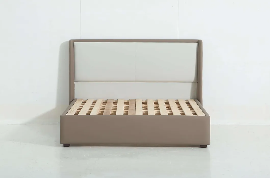 Cama de plataforma individual de lujo moderna nórdica beige con marco de madera y cuero para dormitorio de niños y niñas
