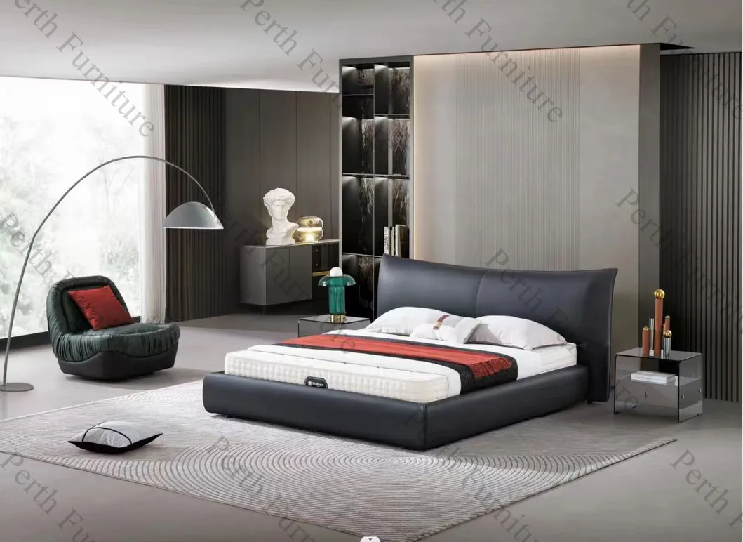 Cama contemporánea suave con patas de metal, marco de madera maciza, cuero genuino y tela para muebles del hogar, dormitorio de moda Mxt-888 cama