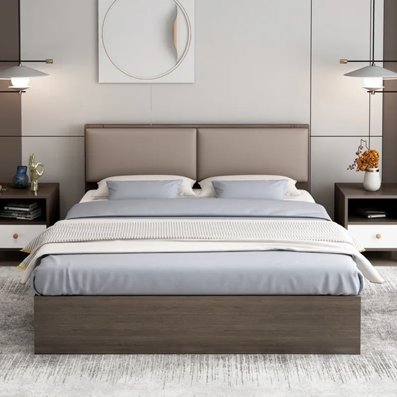 Muebles de dormitorio modernos con tapizado de cuero, cama de tamaño doble, queen y king con marco de madera