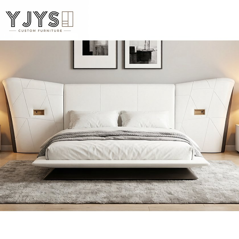 Cama de plataforma de cuero acolchado en forma de ala con mesitas de noche integradas, muebles de lujo para interiores