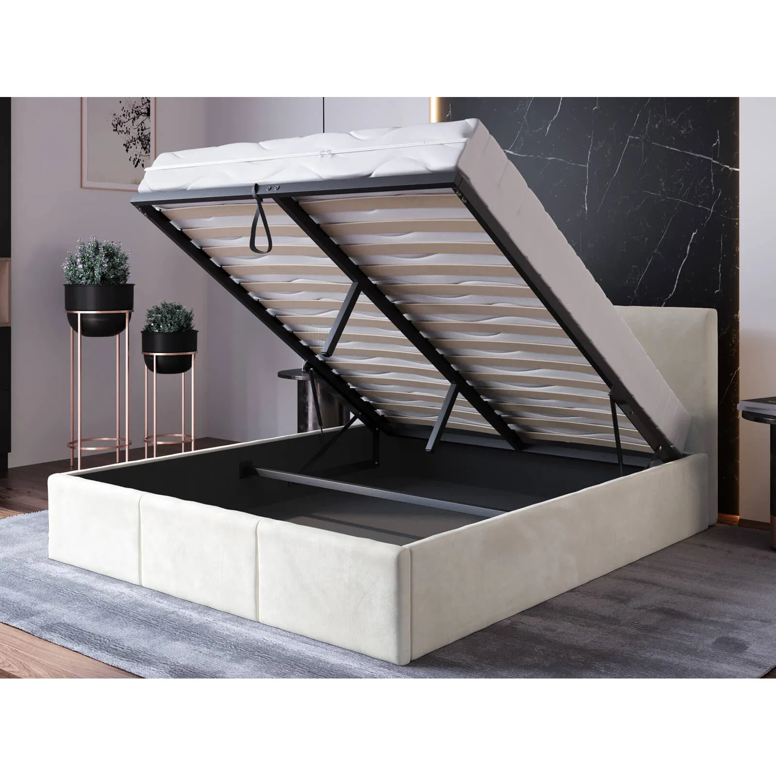 Cama de almacenamiento de cuero gris de diseño doble rey reina con cabecero de tela, marco de cama de metal con elevación única y pistón de gas para muebles de dormitorio en Turquía
