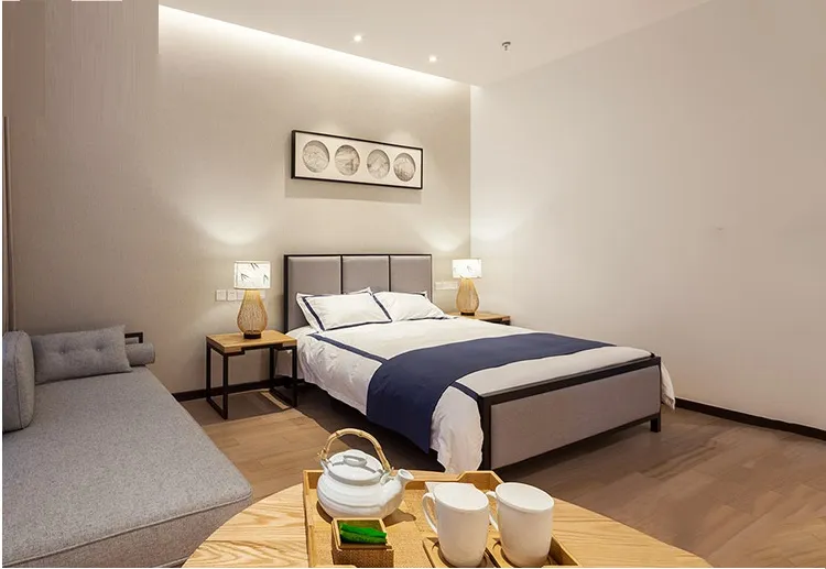 Mueble de hotel de madera tamaño king size, diseño de interiores, cama doble de madera y cuero