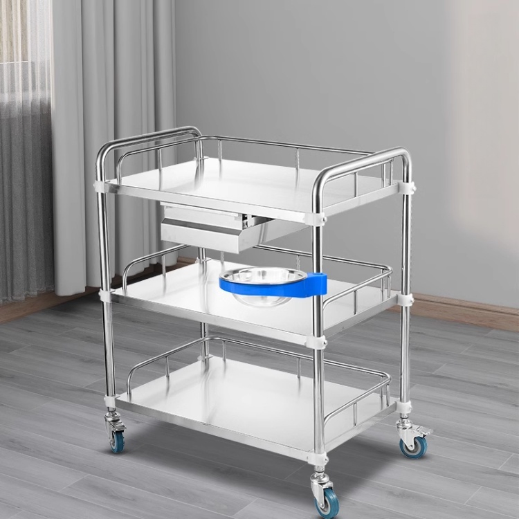 Mobile Stainless Steel Dressing Medicine Delivery Trolley Cart with 3 Drawers