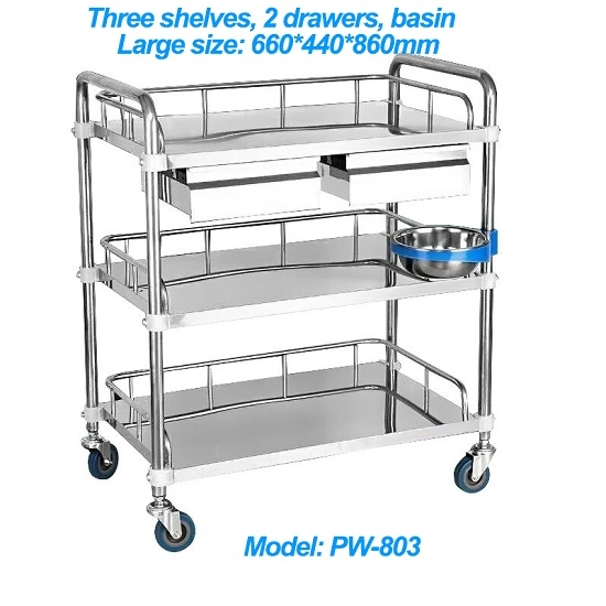Stainless Steel Medical Hospital Trolley Cart, Dressing, Treatment, Medicine Trolley with Drawers and Baisn Pw-803