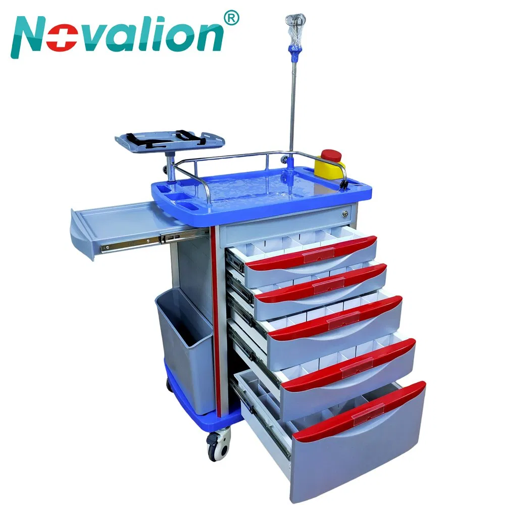 5 Drawers Plastic/Metal/Stainless Steel Wheeled (wheel) Patient Medical (cart) Trolley for Dressing/Medicine/Anesthesia/Dental/First Aid (Emergency) /Nurse