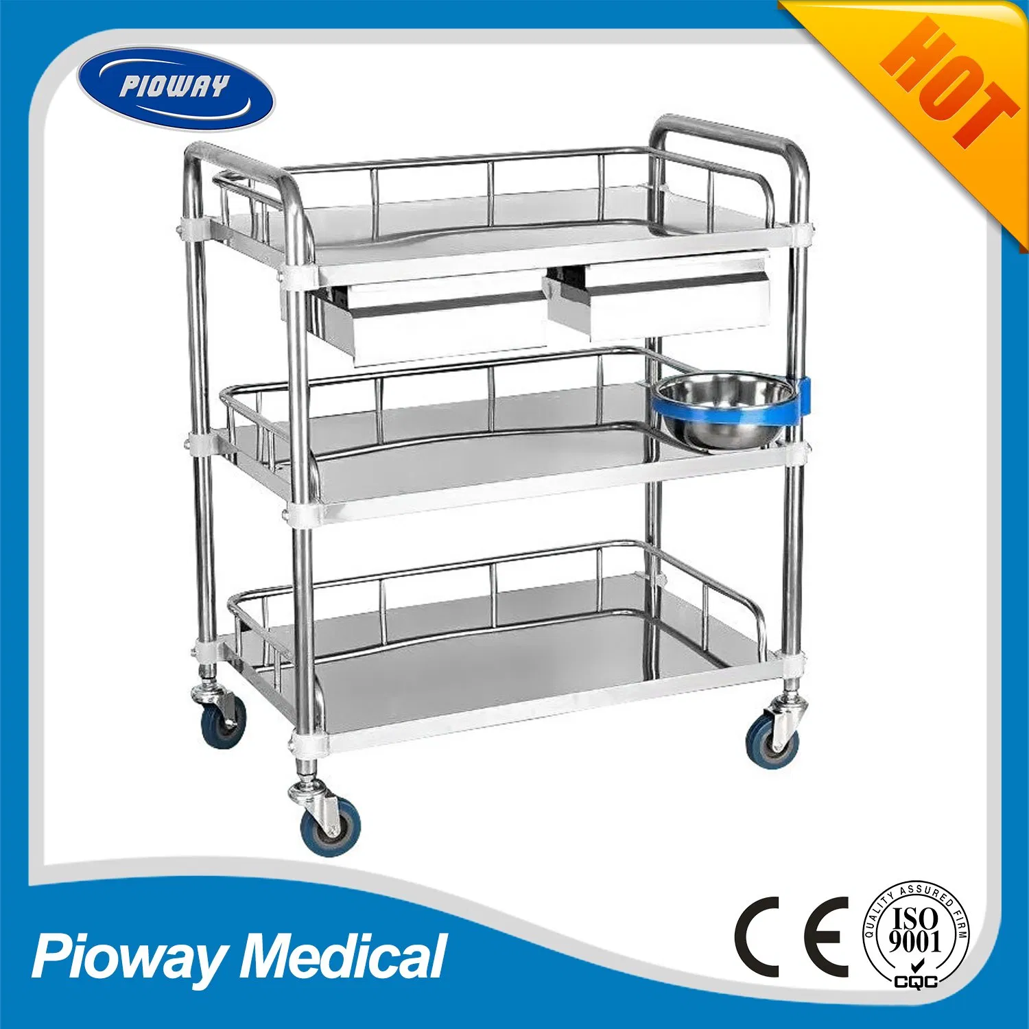 Stainless Steel Medical Hospital Trolley Cart, Dressing, Treatment, Medicine Trolley with Drawers and Baisn Pw-803
