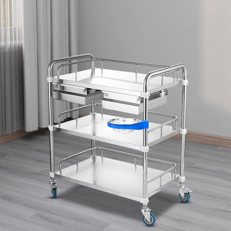 Mobile Stainless Steel Dressing Medicine Delivery Trolley Cart with 3 Drawers