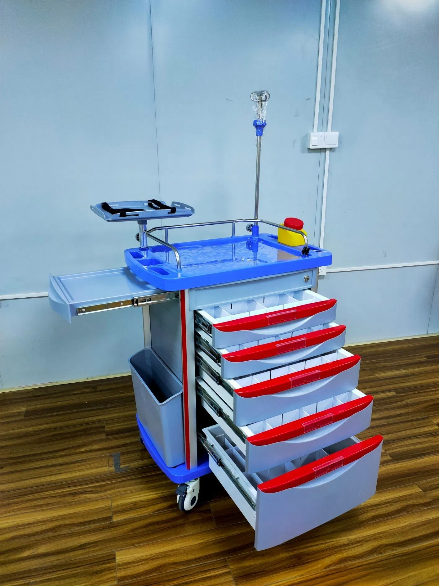 5 Drawers Plastic/Metal/Stainless Steel Wheeled (wheel) Patient Medical (cart) Trolley for Dressing/Medicine/Anesthesia/Dental/First Aid (Emergency) /Nurse