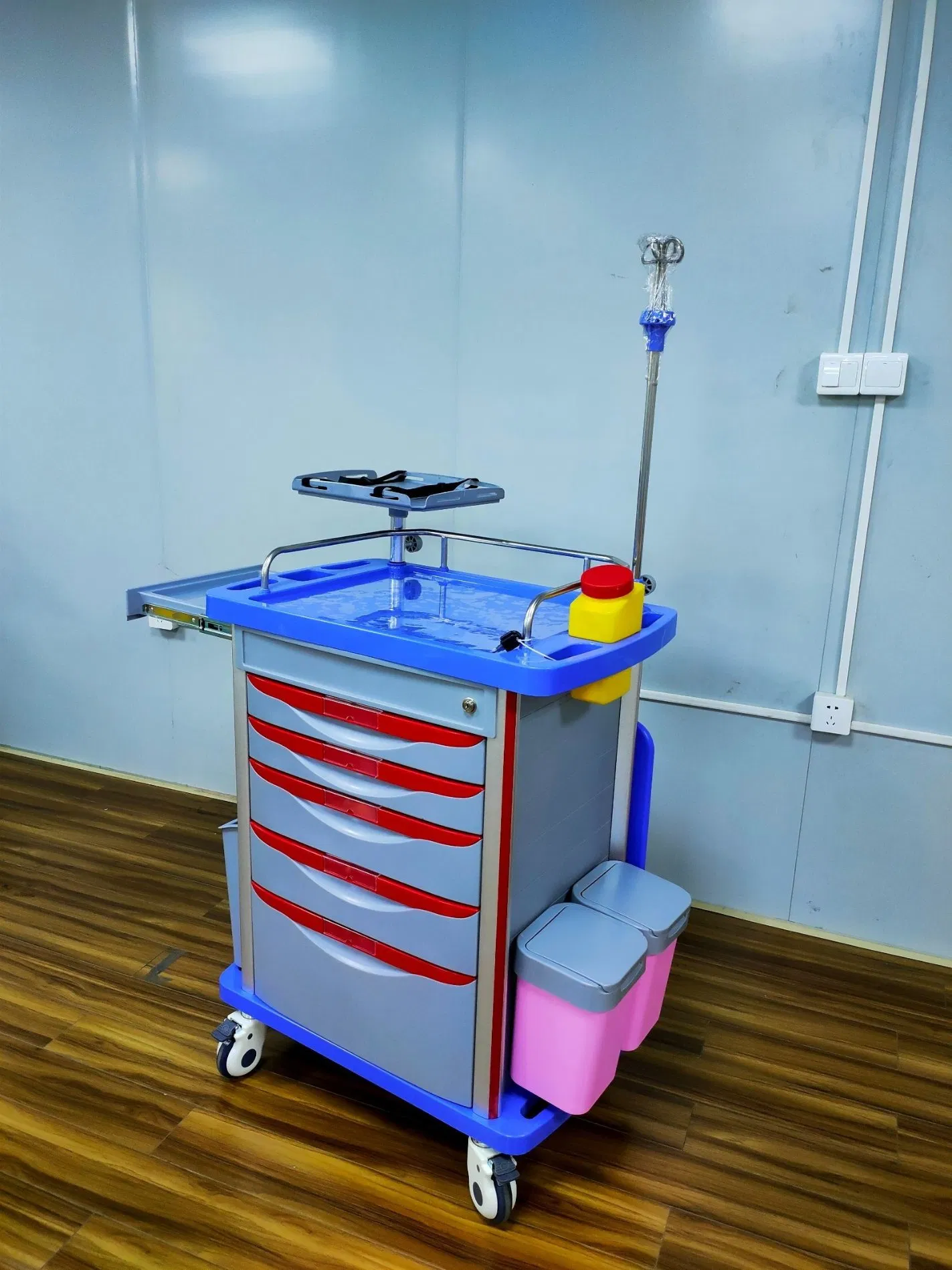 5 Drawers Plastic/Metal/Stainless Steel Wheeled (wheel) Patient Medical (cart) Trolley for Dressing/Medicine/Anesthesia/Dental/First Aid (Emergency) /Nurse