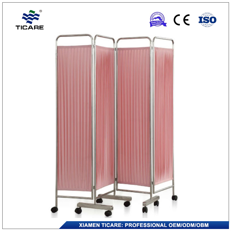 Hospital Pink PU Leather Stainless Steel Medical Folding Privacy Screens with Castors
