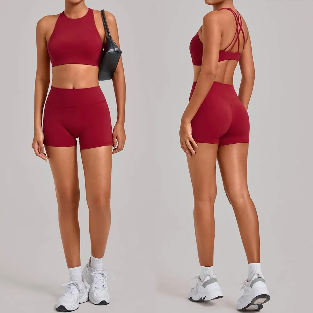 سيدات 2PCS ملابس اليوغا وصالة الألعاب الرياضية وملابس البيلاتس للنساء، حمالة صدر رياضية بتصميم ظهر متقاطع مع شورتات عالية الخصر، مورد ملابس رياضية متميز من الصين