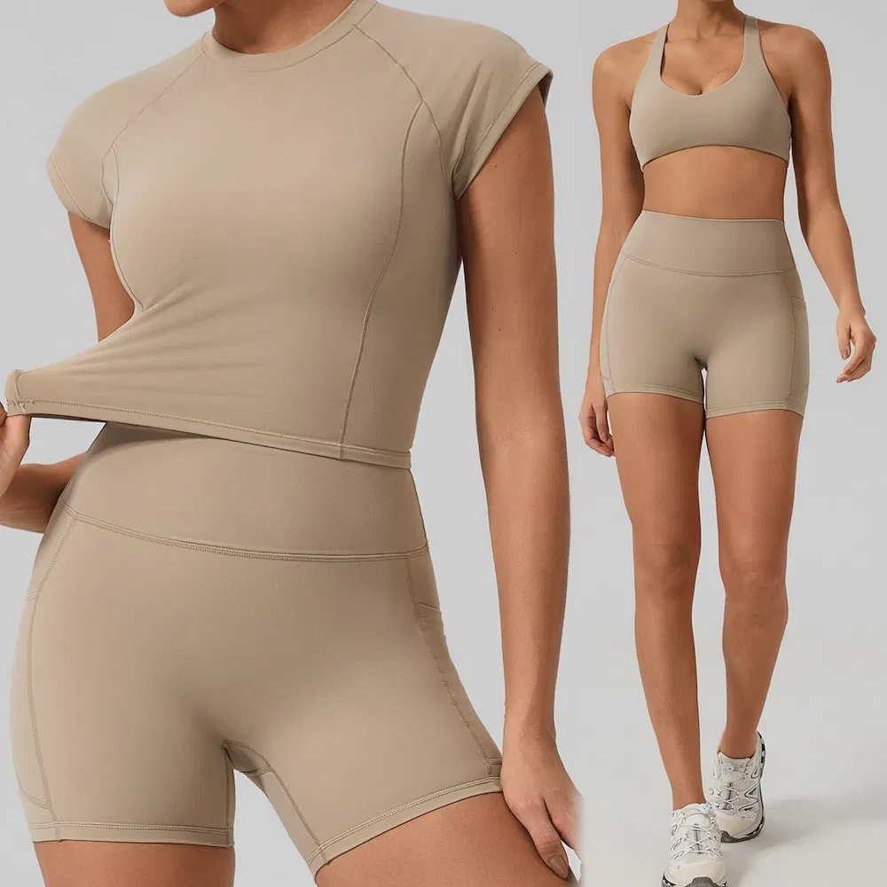 أحدث 2/3PCS ملابس رياضية مرنة ممتازة للنساء، تي شيرت مق cropped + حمالة صدر رياضية ذات ظهر Racer + شورتات تمارين مع جيوب جانبية روبا دي يوغا عالية الجودة