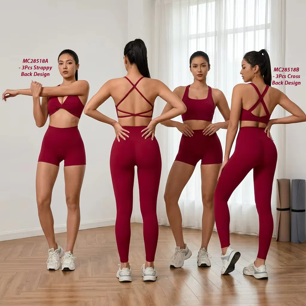 أطقم ملابس رياضية نسائية مرنة ومميزة للبيع الساخن 3PCS، حمالة صدر رياضية مثيرة بتصميم ظهر متقاطع + شورتات بكر مرفوعة وسراويل يوغا ملابس رياضية