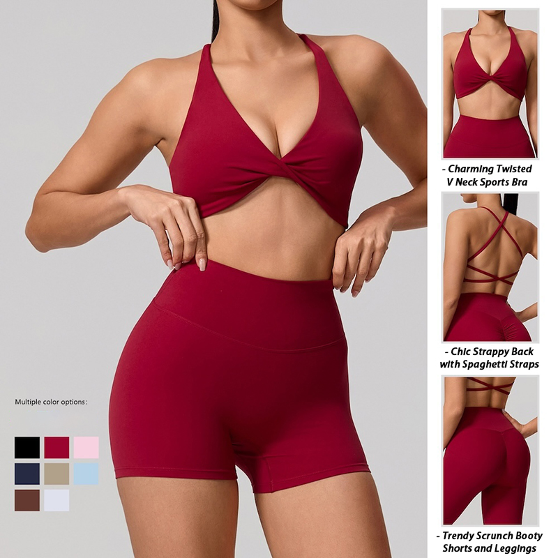 أطقم ملابس رياضية نسائية مرنة ومميزة للبيع الساخن 3PCS، حمالة صدر رياضية مثيرة بتصميم ظهر متقاطع + شورتات بكر مرفوعة وسراويل يوغا ملابس رياضية