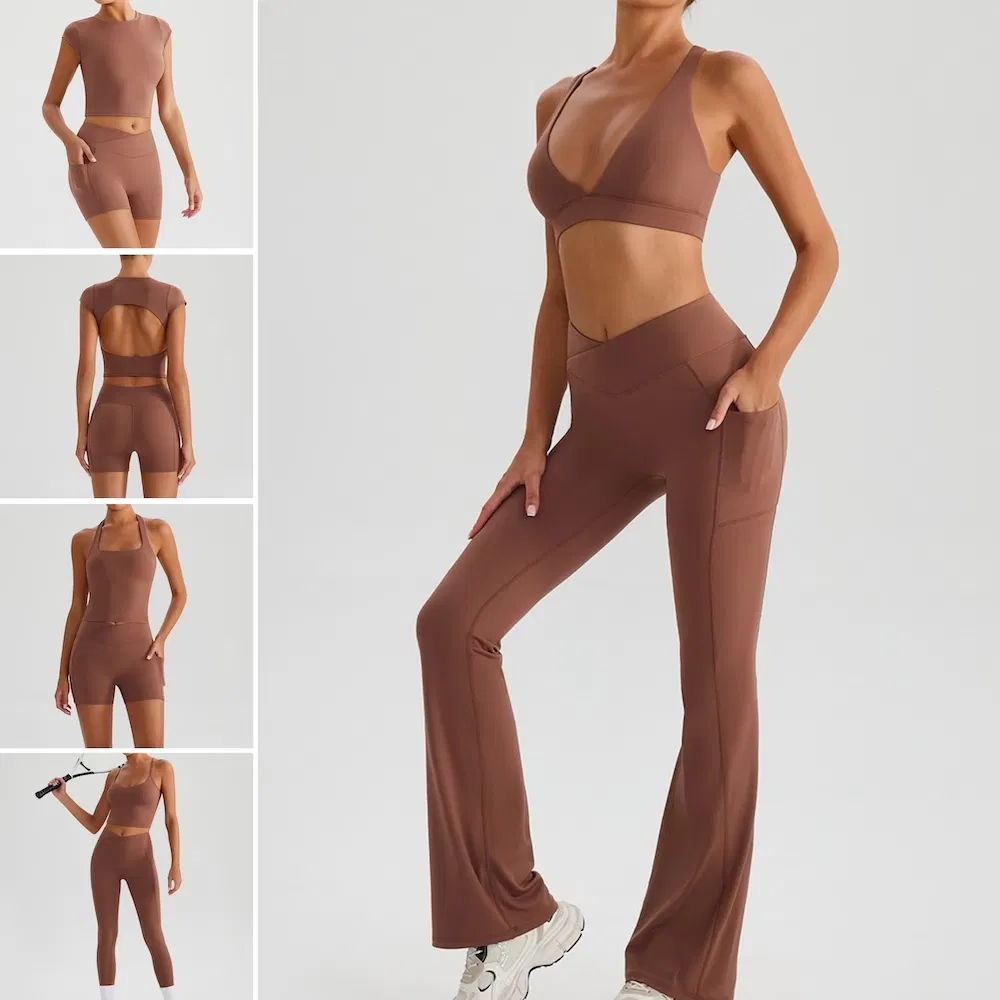 7PCS أحدث ملابس رياضية مثيرة لليوغا للنساء، 3 قمصان لياقة بدنية أنيقة + حمالة صدر رياضية عميقة العنق + شورتات + ليغينغز + بنطلونات واسعة مع جيوب جانبية مجموعة تمارين