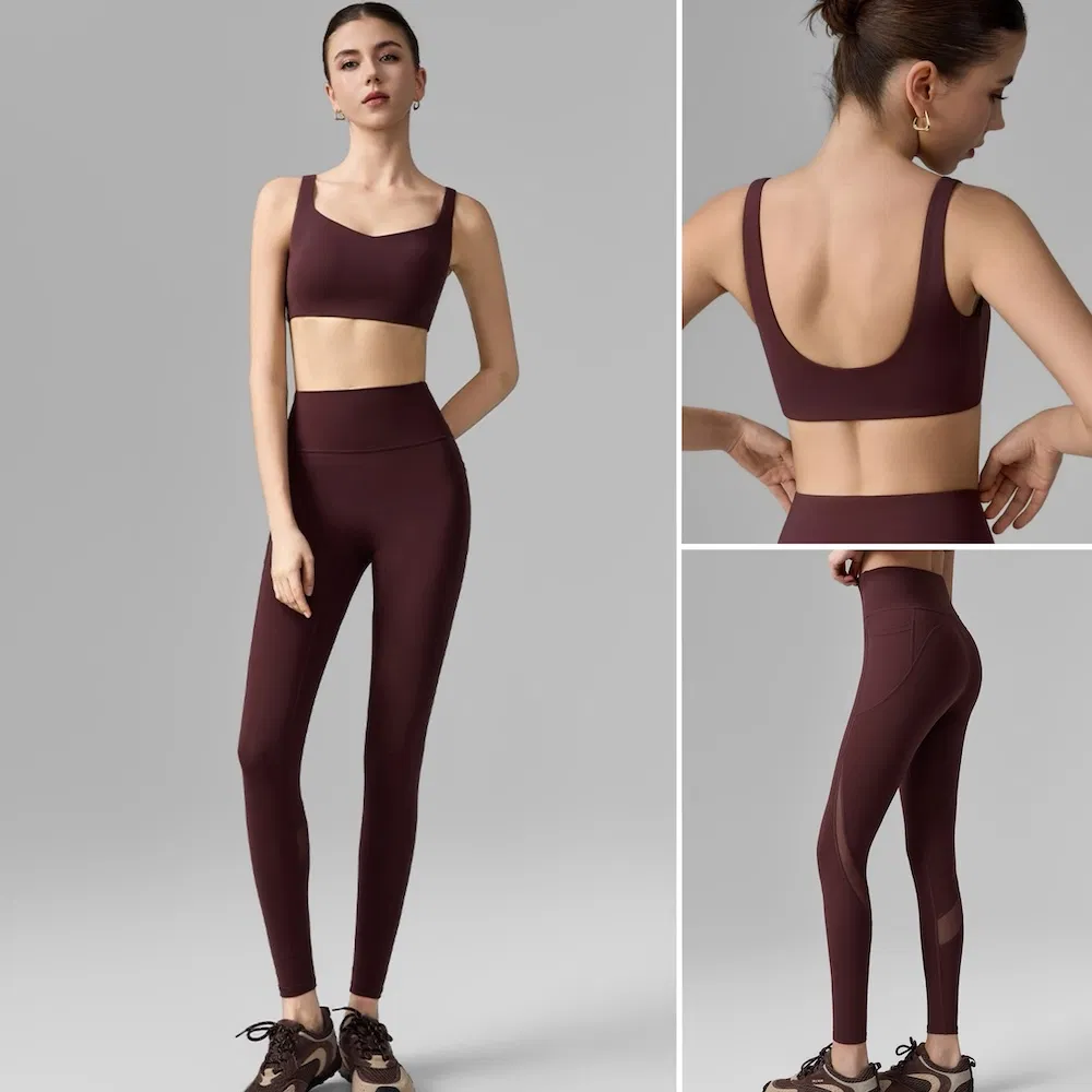 أطقم ملابس رياضية أنيقة وعصرية من أوروبا وأمريكا 2PCS ملابس جري بدون ظهر للنساء، حمالة صدر رياضية عالية التأثير + ليغينغز للياقة البدنية مع جيوب