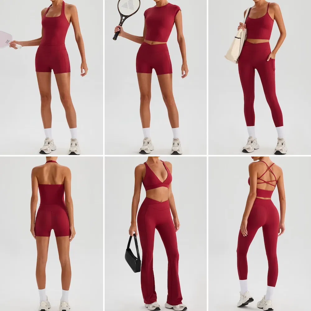 7PCS أحدث ملابس رياضية مثيرة لليوغا للنساء، 3 قمصان لياقة بدنية أنيقة + حمالة صدر رياضية عميقة العنق + شورتات + ليغينغز + بنطلونات واسعة مع جيوب جانبية مجموعة تمارين