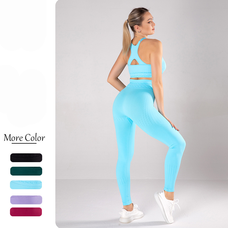 مجموعة حمالة صدر رياضية ذات ظهر Racer Textured 2 و leggings رياضية، ملابس يوغا متطابقة بدون seams مع شعار مخصص للسيدات في صالة الألعاب الرياضية