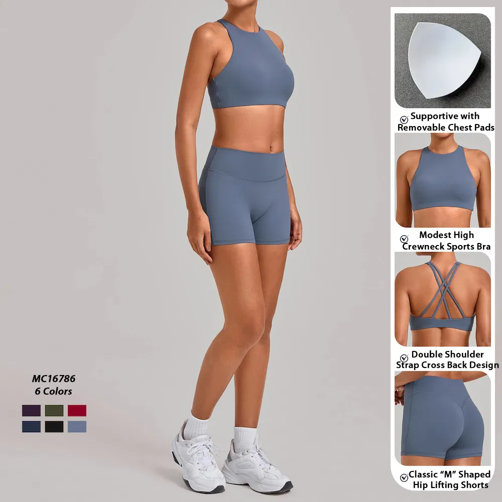 سيدات 2PCS ملابس اليوغا وصالة الألعاب الرياضية وملابس البيلاتس للنساء، حمالة صدر رياضية بتصميم ظهر متقاطع مع شورتات عالية الخصر، مورد ملابس رياضية متميز من الصين