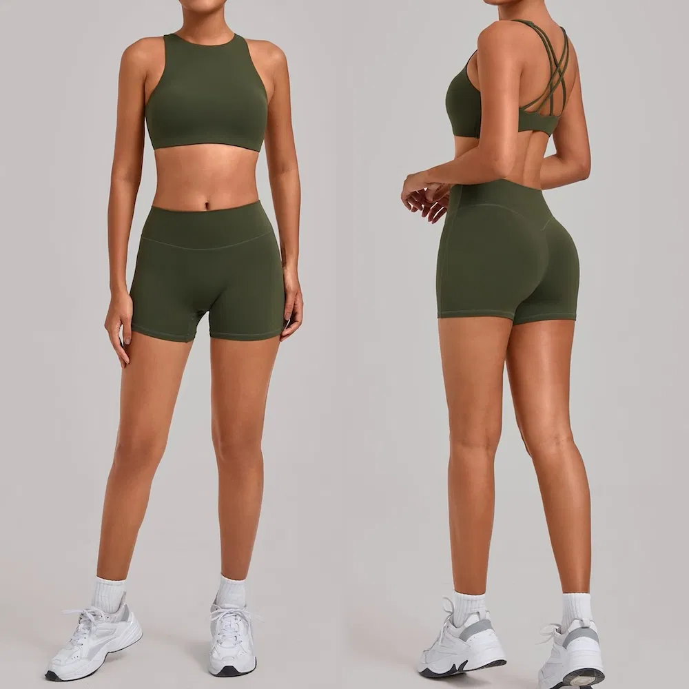 سيدات 2PCS ملابس اليوغا وصالة الألعاب الرياضية وملابس البيلاتس للنساء، حمالة صدر رياضية بتصميم ظهر متقاطع مع شورتات عالية الخصر، مورد ملابس رياضية متميز من الصين