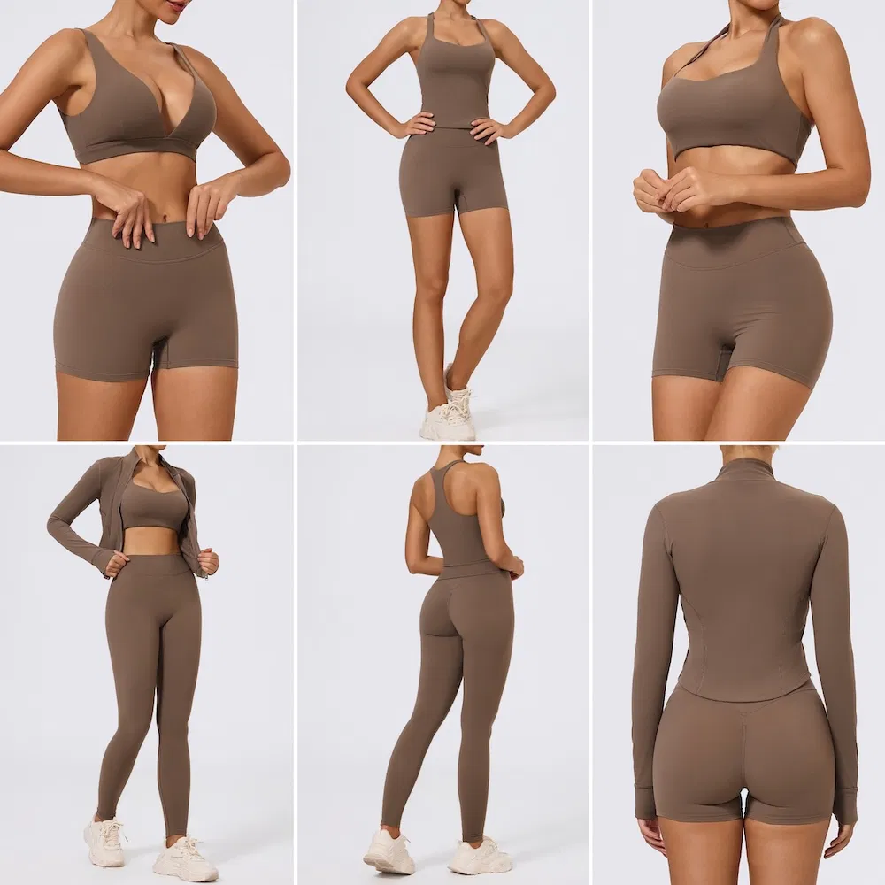 وصول جديد 6PCS مجموعة بدلة رياضية مرنة للنساء، قميص رياضي أنيق + سترة بأكمام طويلة + شورت يوغا + ليغينغز للجيم