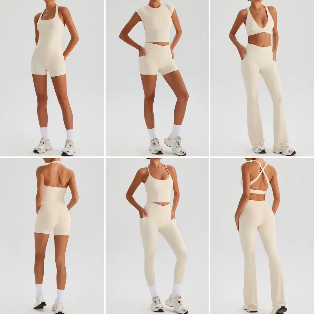 7PCS أحدث ملابس رياضية مثيرة لليوغا للنساء، 3 قمصان لياقة بدنية أنيقة + حمالة صدر رياضية عميقة العنق + شورتات + ليغينغز + بنطلونات واسعة مع جيوب جانبية مجموعة تمارين