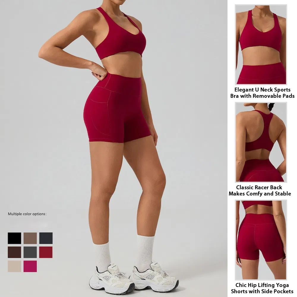 أحدث 2/3PCS ملابس رياضية مرنة ممتازة للنساء، تي شيرت مق cropped + حمالة صدر رياضية ذات ظهر Racer + شورتات تمارين مع جيوب جانبية روبا دي يوغا عالية الجودة