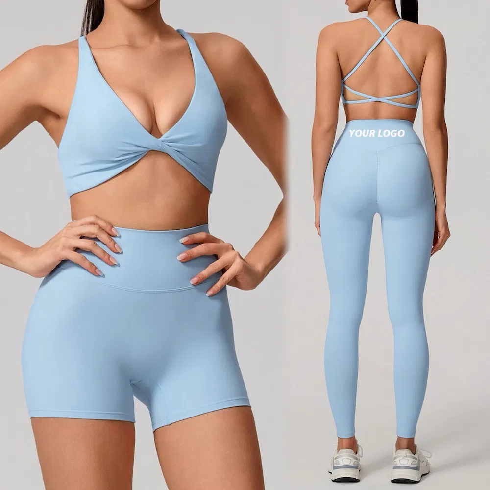أطقم ملابس رياضية نسائية مرنة ومميزة للبيع الساخن 3PCS، حمالة صدر رياضية مثيرة بتصميم ظهر متقاطع + شورتات بكر مرفوعة وسراويل يوغا ملابس رياضية
