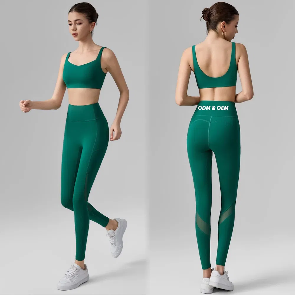 أطقم ملابس رياضية أنيقة وعصرية من أوروبا وأمريكا 2PCS ملابس جري بدون ظهر للنساء، حمالة صدر رياضية عالية التأثير + ليغينغز للياقة البدنية مع جيوب