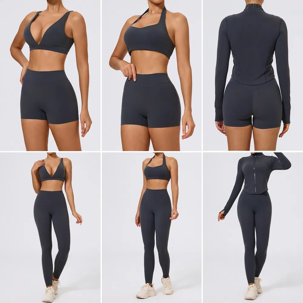 وصول جديد 6PCS مجموعة بدلة رياضية مرنة للنساء، قميص رياضي أنيق + سترة بأكمام طويلة + شورت يوغا + ليغينغز للجيم