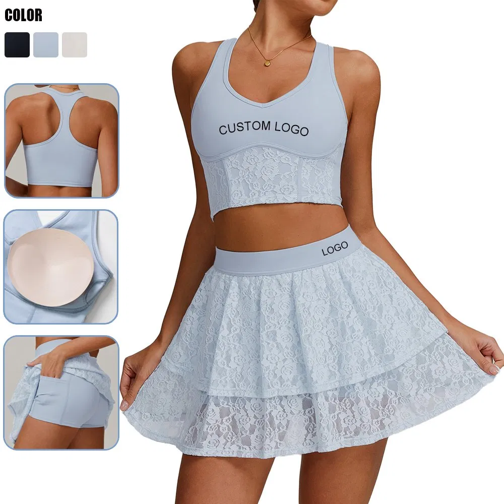 نساء دانتيل نود شبكة قابلة للتنفس مضادة للتوهج تنورة + Tops 2pieces ملابس يوغا تنس